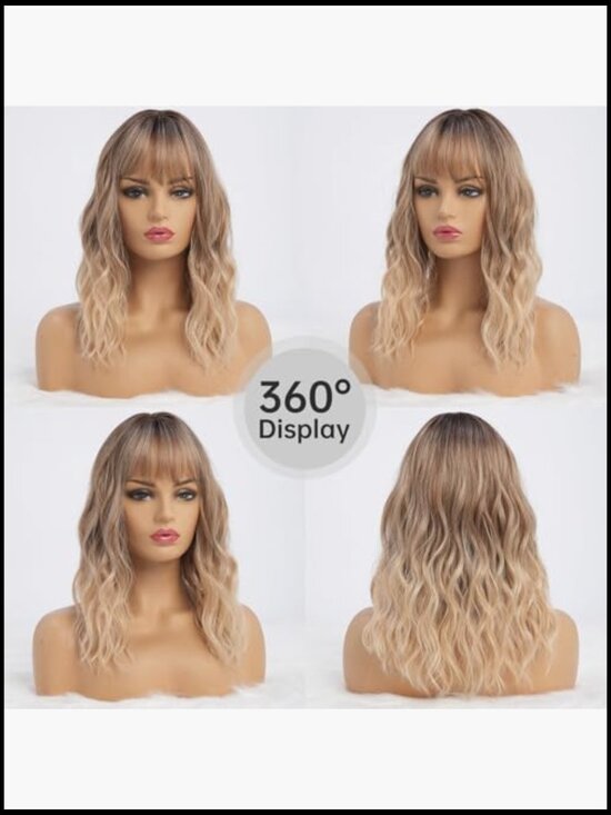 Wavy Long Ombre Blonde Wig with Bangs Medium Length Heat Resistant Synthetic main image 7